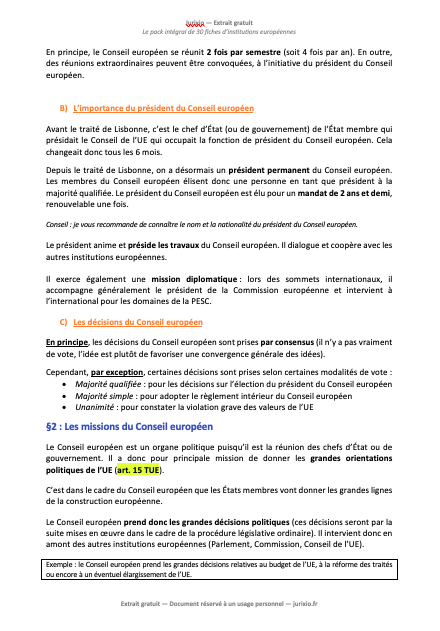 Fiches institutions européennes (2026) - Le pack intégral de 30 fiches 2 fiches institutions europeennes jurixio 2