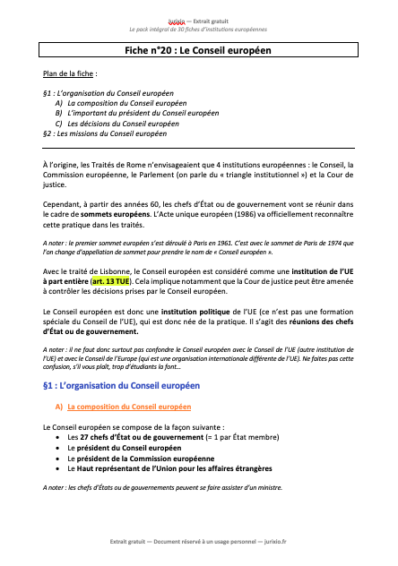 Fiches institutions européennes (2026) - Le pack intégral de 30 fiches 1 fiches institutions europeennes jurixio 3